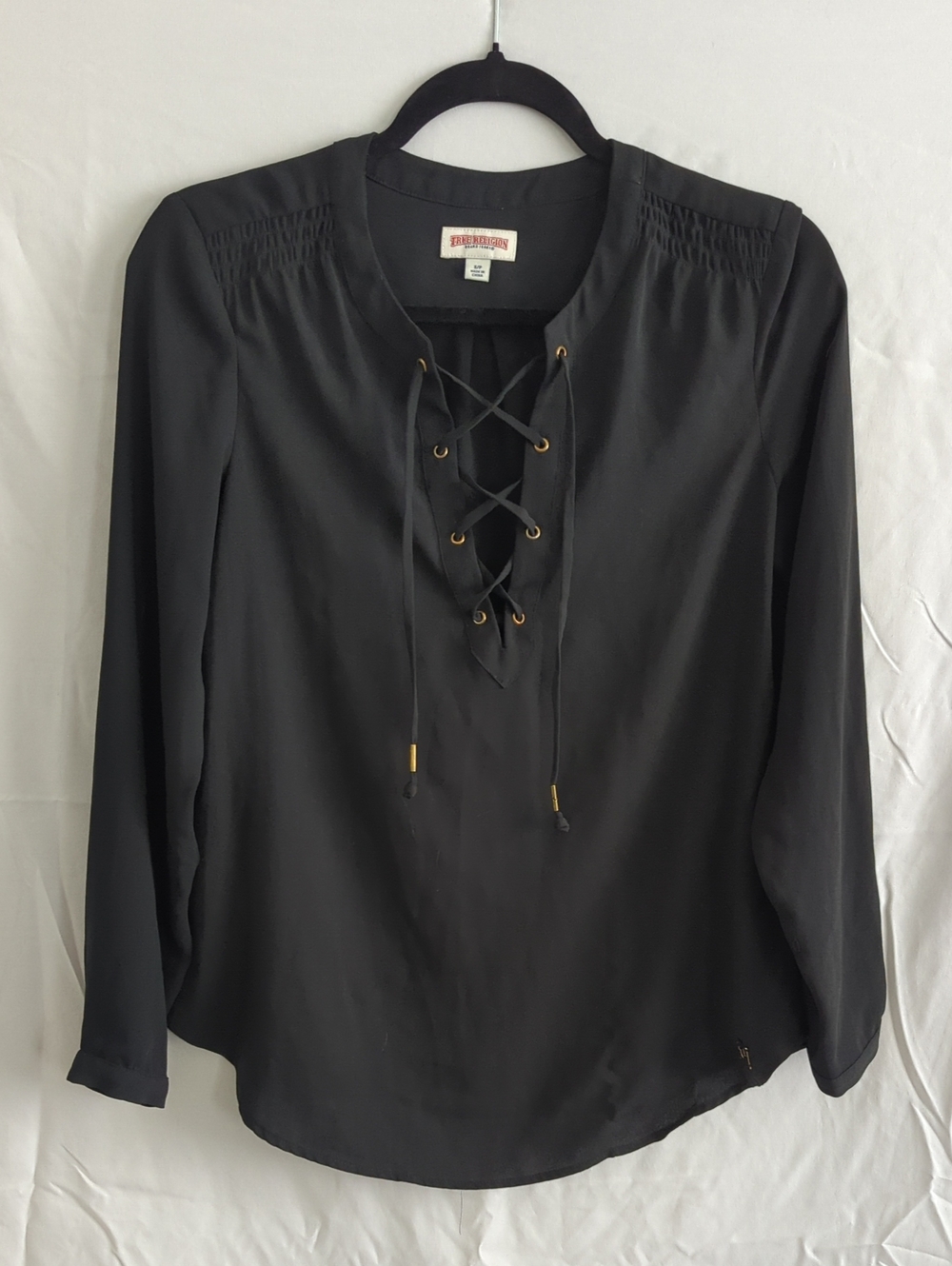 True Religion Black Lace-Up Long Sleeve Top with Gold Eyelets